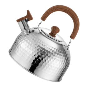 Silver European-Style Kettle with Gas Burner Alert. Boils in 8-10 minutes with 0.35mm-thick body. 3L capacity compatible with induction, ceramic,