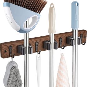 Mop Broom Holder Wall Mount with 3 Slots & 4 Hooks - Wood Broom Mop Hanger for Pantry Kitchen Organization - Garden Tool Organizer for Closet Lau